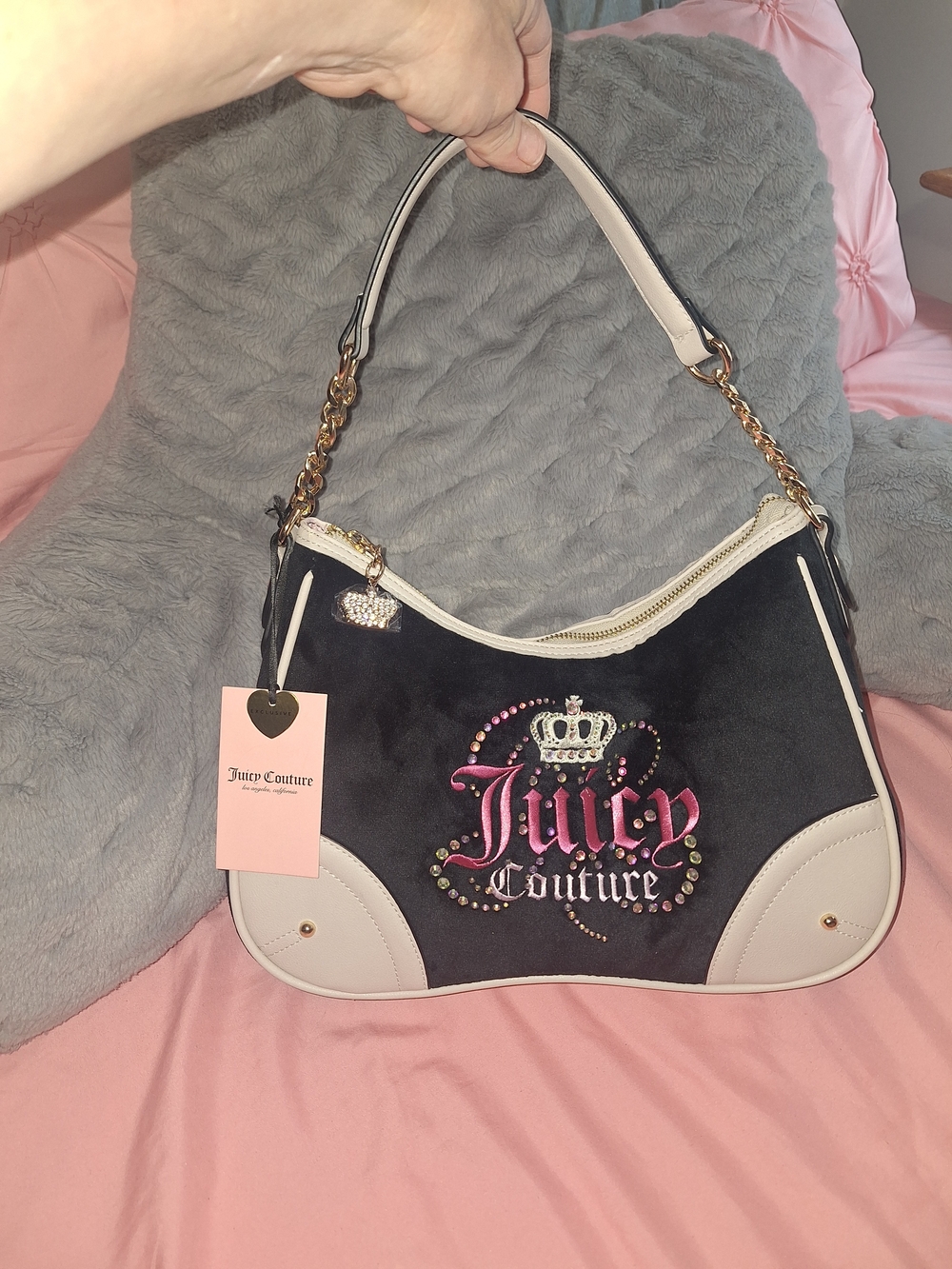 EXCLUSIVE Juicy Couture Black and Cream Embellished Logo Shoulder Bag